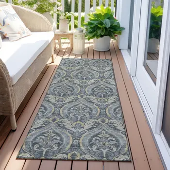 8' Runner Blue and Cream Damask Washable Non Skid Indoor Outdoor Runner Rug