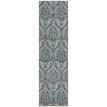 8' Runner Blue and Cream Damask Washable Non Skid Indoor Outdoor Runner Rug