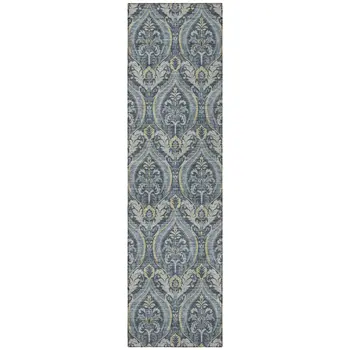 8' Runner Blue and Cream Damask Washable Non Skid Indoor Outdoor Runner Rug