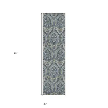 8' Runner Blue and Cream Damask Washable Non Skid Indoor Outdoor Runner Rug