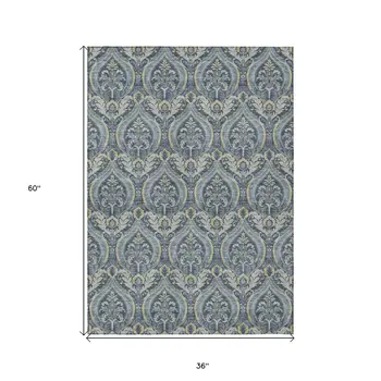 3' X 5' Blue and Cream Damask Washable Non Skid Indoor Outdoor Area Rug