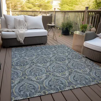 3' X 5' Blue and Cream Damask Washable Non Skid Indoor Outdoor Area Rug