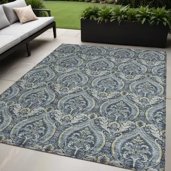 5' X 8' Blue and Cream Damask Washable Non Skid Indoor Outdoor Area Rug
