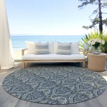 8' Round Blue and Cream Round Damask Washable Non Skid Indoor Outdoor Area Rug