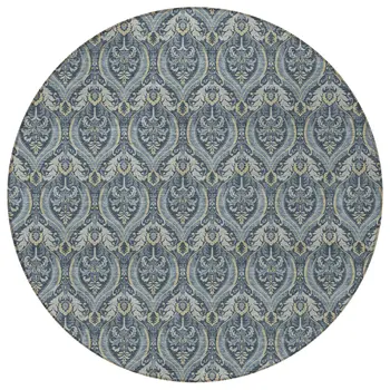 8' Round Blue and Cream Round Damask Washable Non Skid Indoor Outdoor Area Rug