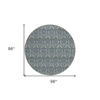 8' Round Blue and Cream Round Damask Washable Non Skid Indoor Outdoor Area Rug