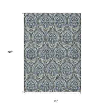 8' X 10' Blue and Cream Damask Washable Non Skid Indoor Outdoor Area Rug