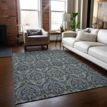 8' X 10' Blue and Cream Damask Washable Non Skid Indoor Outdoor Area Rug