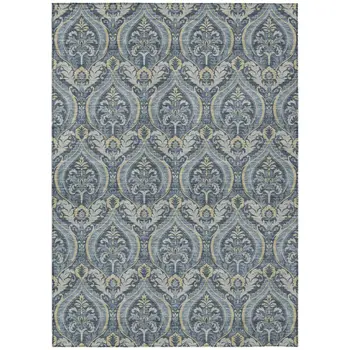 10' X 14' Blue and Cream Damask Washable Non Skid Indoor Outdoor Area Rug