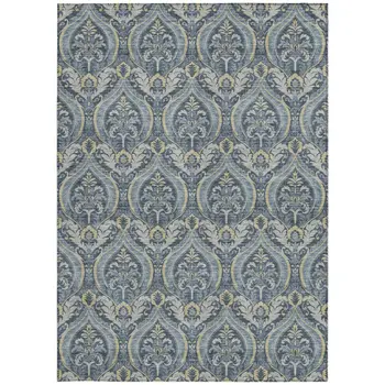 10' X 14' Blue and Cream Damask Washable Non Skid Indoor Outdoor Area Rug