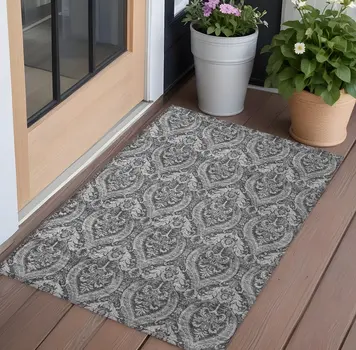 2' X 3' Gray Damask Washable Non Skid Indoor Outdoor Area Rug