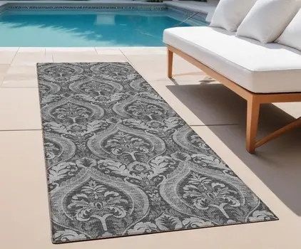 8' Runner Gray Damask Washable Non Skid Indoor Outdoor Runner Rug