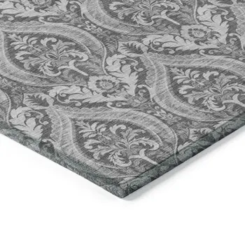 8' Runner Gray Damask Washable Non Skid Indoor Outdoor Runner Rug