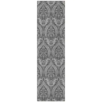 8' Runner Gray Damask Washable Non Skid Indoor Outdoor Runner Rug