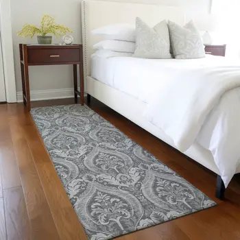 8' Runner Gray Damask Washable Non Skid Indoor Outdoor Runner Rug