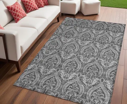 5' X 8' Gray Damask Washable Non Skid Indoor Outdoor Area Rug