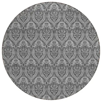 8' Round Gray Round Damask Washable Non Skid Indoor Outdoor Area Rug