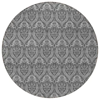 8' Round Gray Round Damask Washable Non Skid Indoor Outdoor Area Rug