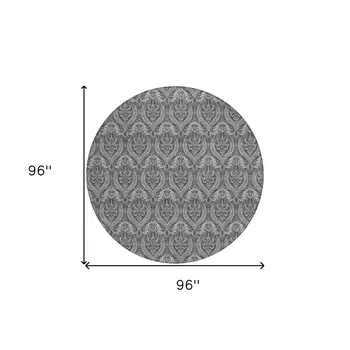 8' Round Gray Round Damask Washable Non Skid Indoor Outdoor Area Rug
