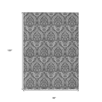 8' X 10' Gray Damask Washable Non Skid Indoor Outdoor Area Rug