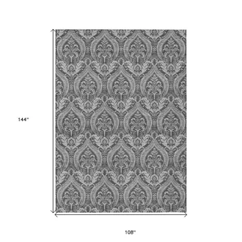 9' X 12' Gray Damask Washable Non Skid Indoor Outdoor Area Rug