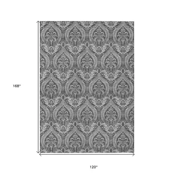 10' X 14' Gray Damask Washable Non Skid Indoor Outdoor Area Rug