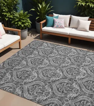10' X 14' Gray Damask Washable Non Skid Indoor Outdoor Area Rug
