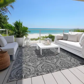 10' X 14' Gray Damask Washable Non Skid Indoor Outdoor Area Rug