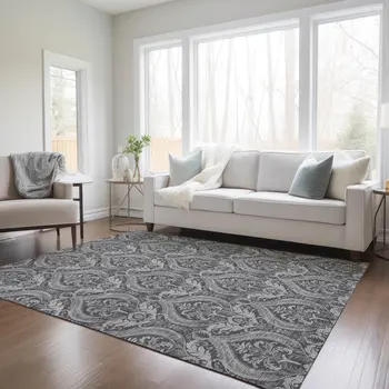 10' X 14' Gray Damask Washable Non Skid Indoor Outdoor Area Rug