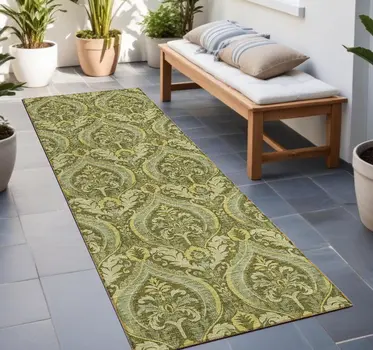 8' Runner Green Damask Washable Non Skid Indoor Outdoor Runner Rug