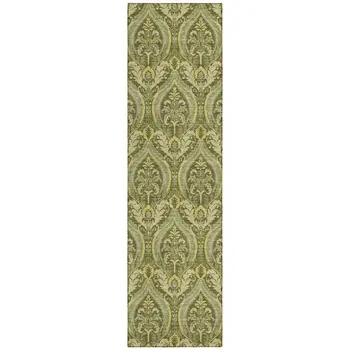 8' Runner Green Damask Washable Non Skid Indoor Outdoor Runner Rug