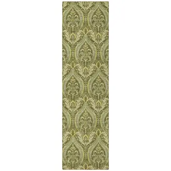 8' Runner Green Damask Washable Non Skid Indoor Outdoor Runner Rug