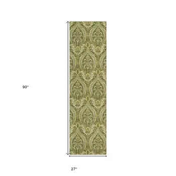 8' Runner Green Damask Washable Non Skid Indoor Outdoor Runner Rug
