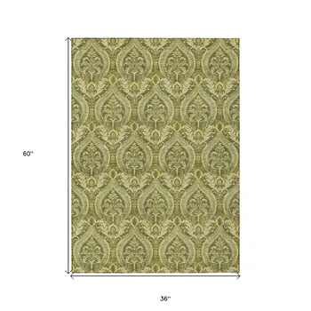3' X 5' Green Damask Washable Non Skid Indoor Outdoor Area Rug