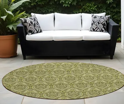 8' Round Green Round Damask Washable Non Skid Indoor Outdoor Area Rug