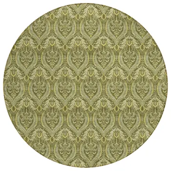 8' Round Green Round Damask Washable Non Skid Indoor Outdoor Area Rug