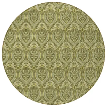 8' Round Green Round Damask Washable Non Skid Indoor Outdoor Area Rug
