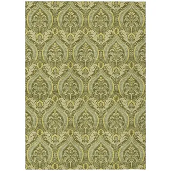 9' X 12' Green Damask Washable Non Skid Indoor Outdoor Area Rug