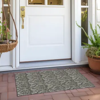 2' X 3' Taupe and Beige Damask Washable Non Skid Indoor Outdoor Area Rug