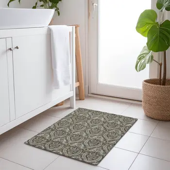 2' X 3' Taupe and Beige Damask Washable Non Skid Indoor Outdoor Area Rug