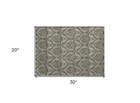 2' X 3' Taupe and Beige Damask Washable Non Skid Indoor Outdoor Area Rug