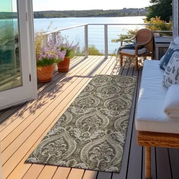 8' Taupe And Beige Damask Washable Indoor Outdoor Runner Rug