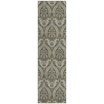 8' Taupe And Beige Damask Washable Indoor Outdoor Runner Rug
