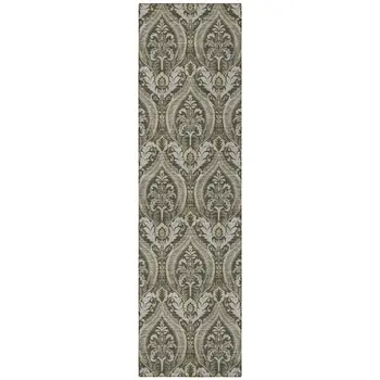 8' Taupe And Beige Damask Washable Indoor Outdoor Runner Rug