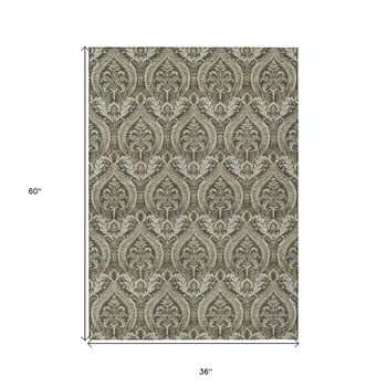 3' X 5' Taupe and Beige Damask Washable Non Skid Indoor Outdoor Area Rug