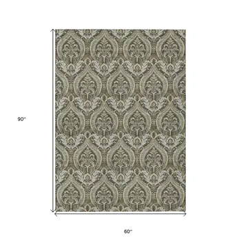 5' X 8' Taupe And Beige Damask Washable Indoor Outdoor Area Rug