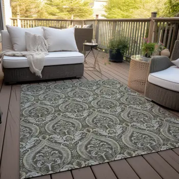 5' X 8' Taupe And Beige Damask Washable Indoor Outdoor Area Rug