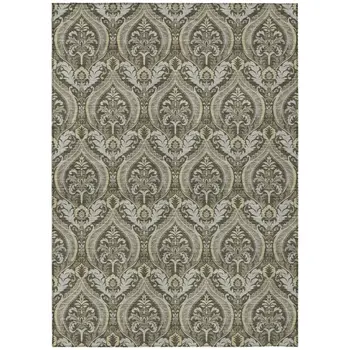 5' X 8' Taupe And Beige Damask Washable Indoor Outdoor Area Rug