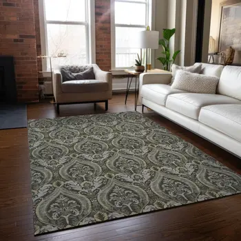 5' X 8' Taupe And Beige Damask Washable Indoor Outdoor Area Rug