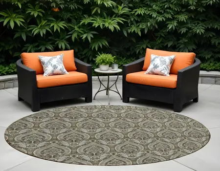 8' Round Taupe and Beige Round Damask Washable Non Skid Indoor Outdoor Area Rug